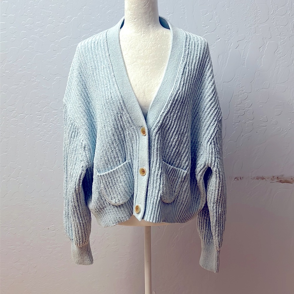J. Crew Light Blue Ribbed V-Neck Button Cardigan